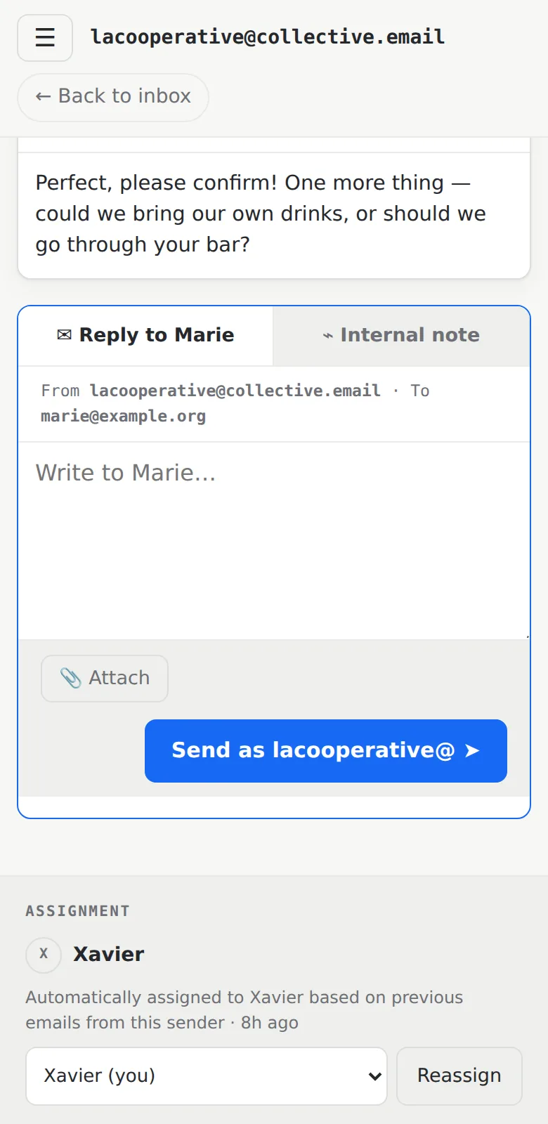 The composer: Reply to the sender or switch to a private internal note.
